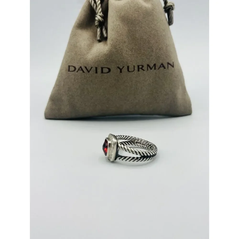 David Yurman Sterling Silver Garnet & Diamond Petite Albion Ring Size 6